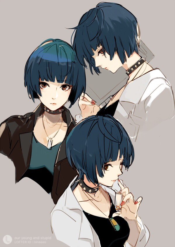 1girl, bangs, blue_hair, blunt_bangs, brown_eyes, collage, jacket, jewelry