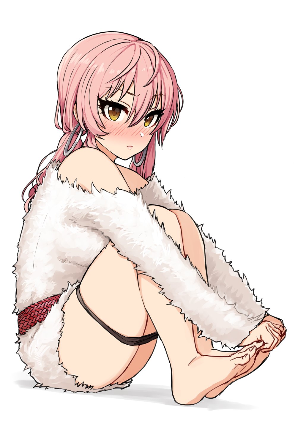 1girl, bare_legs, bare_shoulders, barefoot, black_panties, blush, closed_mouth, dress