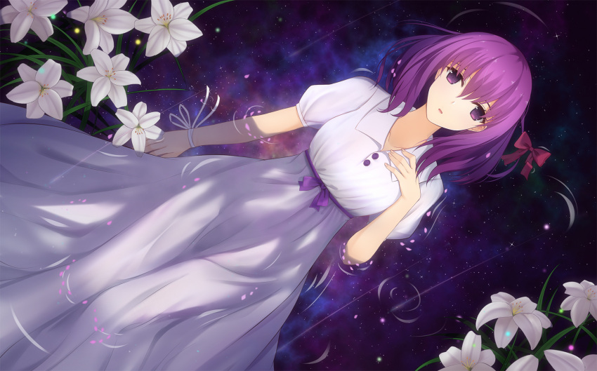 1girl, bow, dress, fate/stay_night, fate_(series), flower, hair_bow, heavens_feel