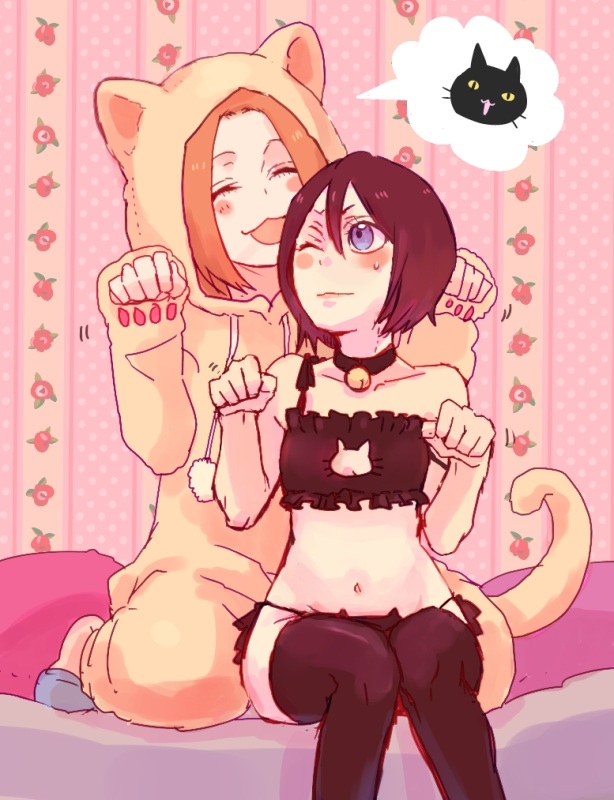 2girls, :3, black_hair, bleach, blue_eyes, blush, cat_lingerie, closed_eyes