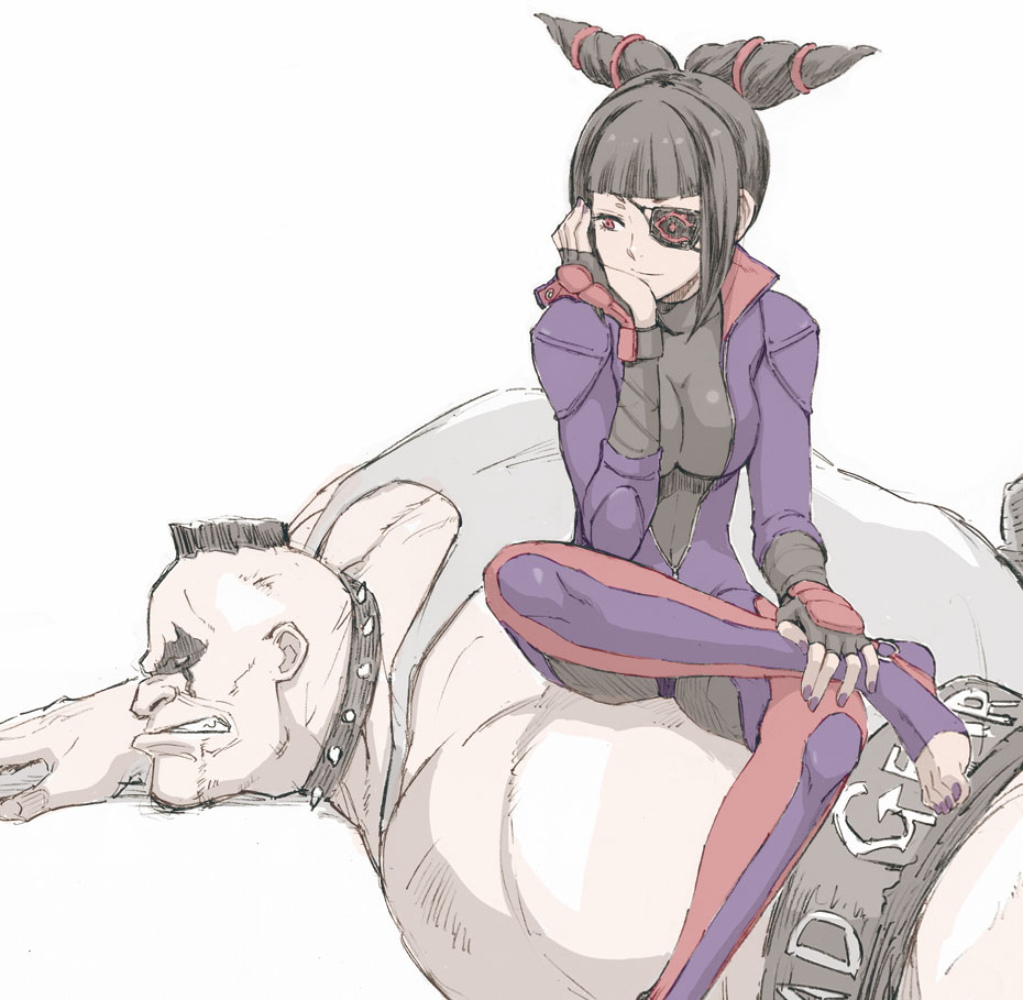 1girl, abigail_(final_fight), black_hair, bodysuit, breasts, capcom, coelacanth_(gyotaku), drill_hair