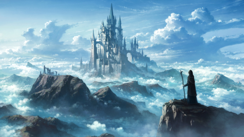 above_clouds, ambiguous_gender, blue_sky, castle, clouds, cloudy_sky, commentary_request, day