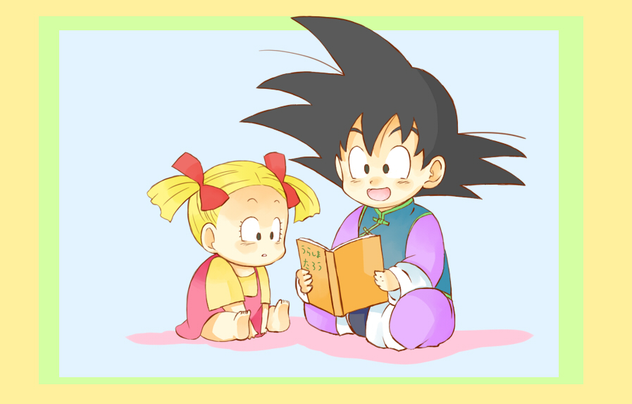 1boy, 1girl, :d, age_difference, black_eyes, black_hair, blonde_hair, blue_background, book, chinese_clothes, dragon_ball, dragonball_z, dress, expressionless, happy, marron, namizou, open_mouth, pink_dress, shadow, shirt, simple_background, smile, son_goten, spiky_hair, twintails, yellow_shirt