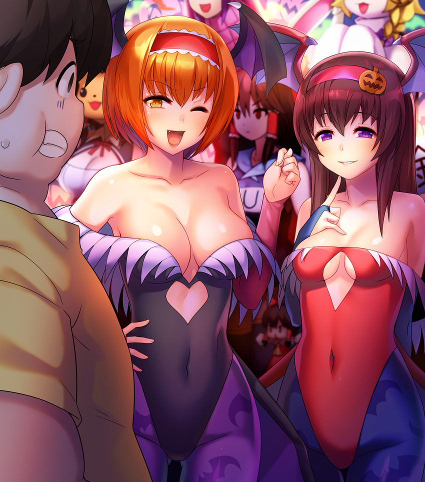 1boy, 4girls, alice_margatroid, bare_shoulders, blush, breasts, brown_eyes, brown_hair, character_request, cleavage, collarbone, cookie_(touhou), cosplay, fat, fat_man, hakurei_reimu, highres, hinase_(cookie), ichigo_(cookie), kanna_(cookie), large_breasts, lilith_aensland, lilith_aensland_(cosplay), long_hair, looking_at_another, looking_at_viewer, looking_away, mask, morrigan_aensland, morrigan_aensland_(cosplay), multiple_girls, navel, open_mouth, orange_hair, parted_lips, pikachu, pokemon, reu, short_hair, smile, suzuki_(cookie), tarmo, touhou, vampire_(game), violet_eyes