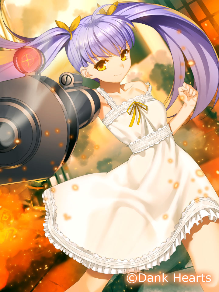 1girl, ahoge, collarbone, dress, eyebrows_visible_through_hair, floating_hair, hair_ribbon, long_hair