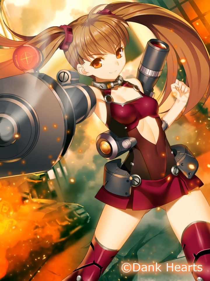 1girl, ahoge, breasts, brown_hair, cleavage, covered_navel, eyebrows_visible_through_hair, floating_hair