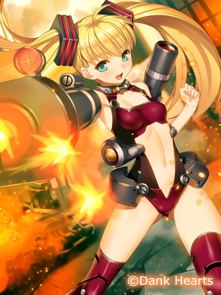 1girl, :d, blonde_hair, breasts, cleavage, eyebrows_visible_through_hair, floating_hair, green_eyes