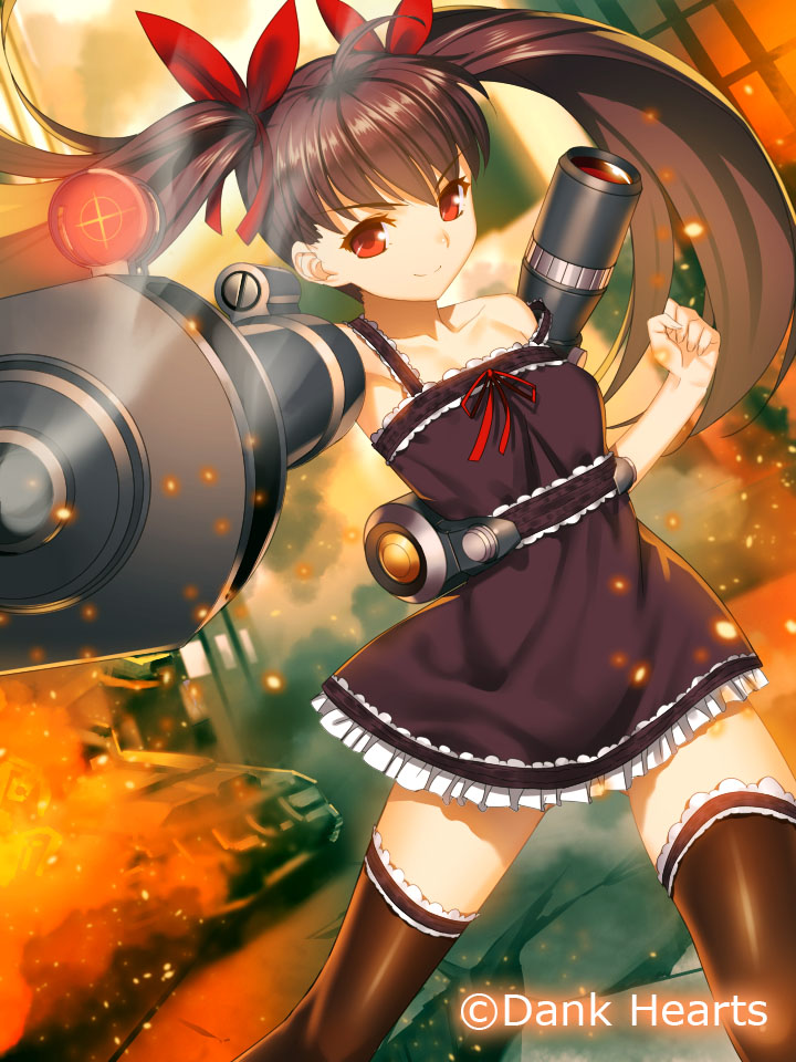 1girl, black_dress, black_legwear, brown_hair, collarbone, dress, eyebrows_visible_through_hair, floating_hair