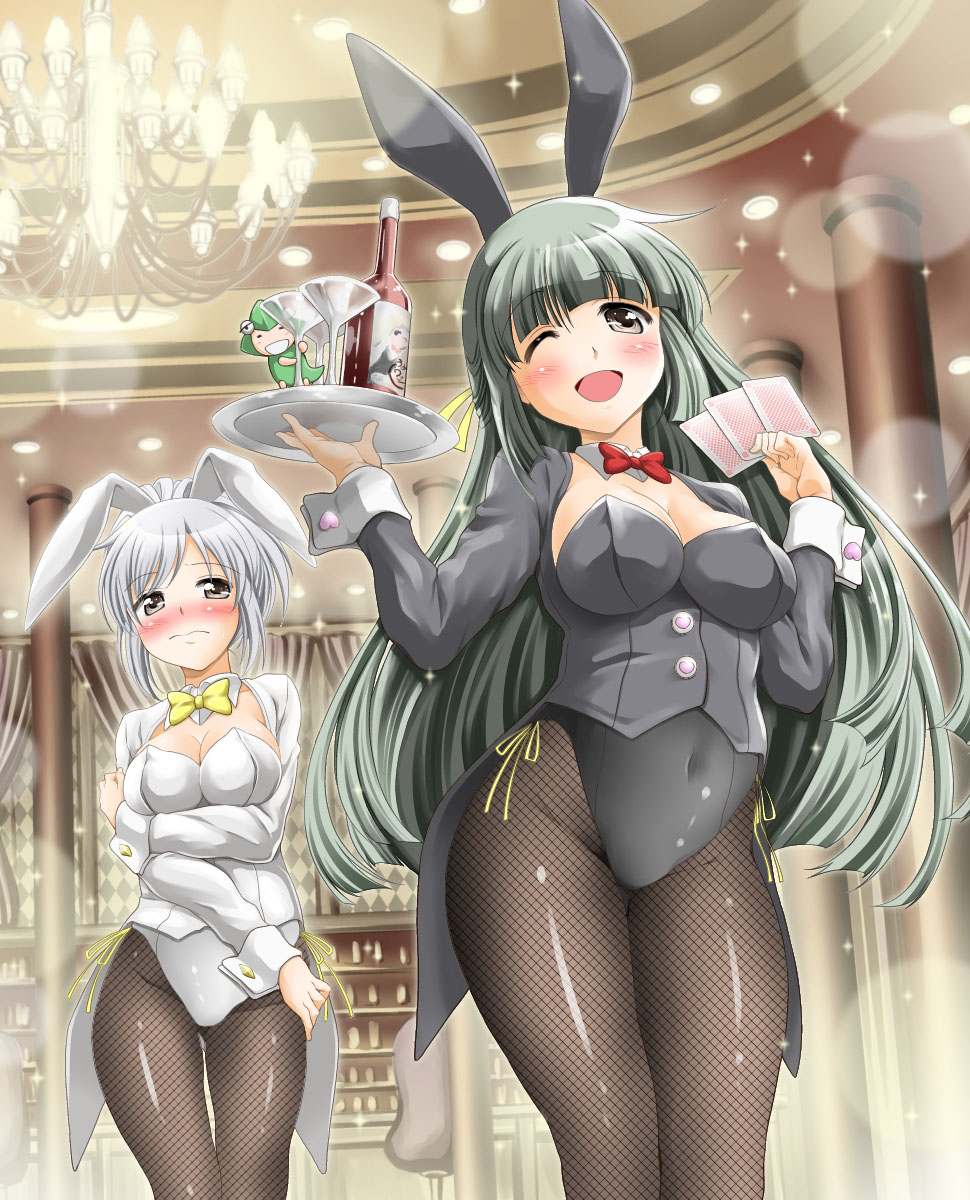 2girls, animal_ears, black_leotard, blush, bottle, bow, bowtie, brown_eyes