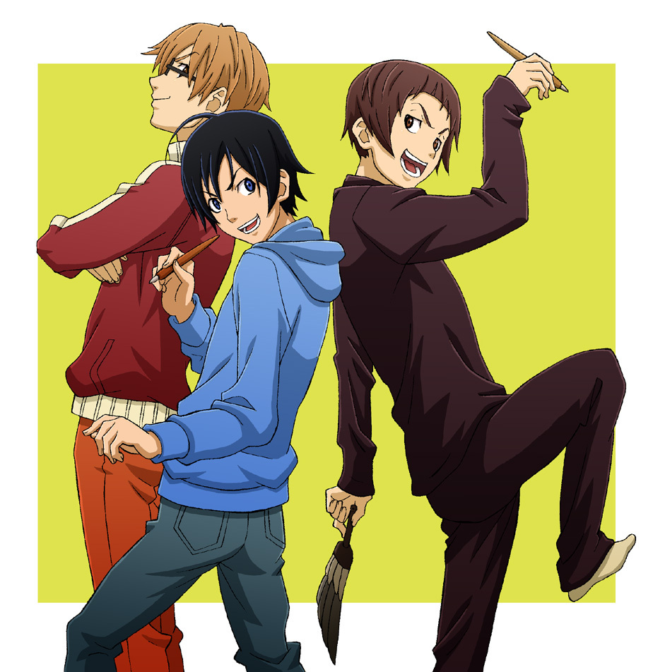 >:d, 3boys, :d, back-to-back, bakuman, black_hair, black_pants, black_shirt