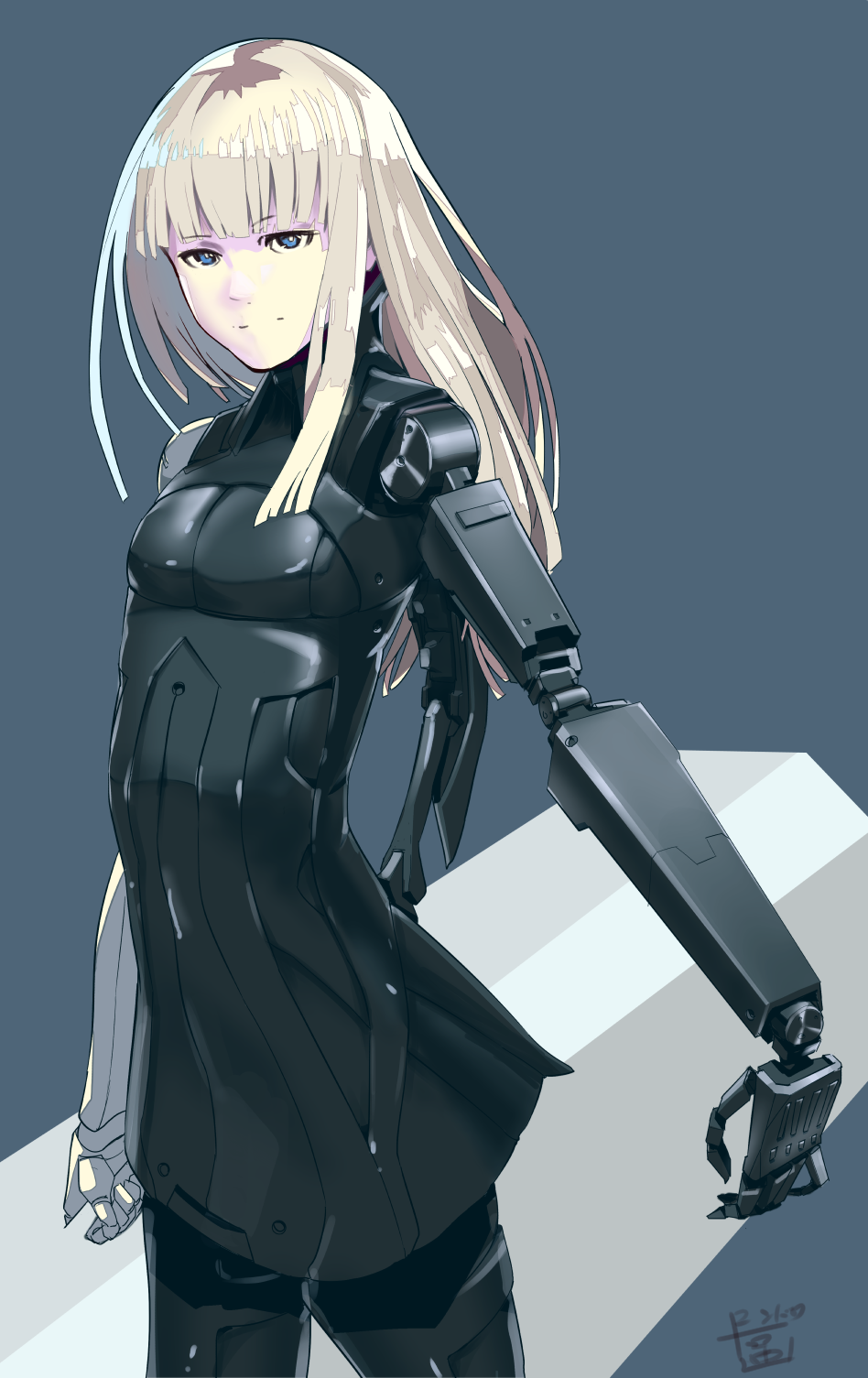 1girl, bangs, blame!, blue_eyes, blunt_bangs, bodysuit, breasts, cibo