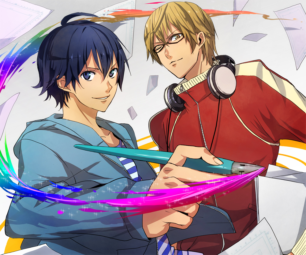 2boys, ;), bakuman, blonde_hair, blue_eyes, blue_hair, blue_shirt, eyebrows_visible_through_hair