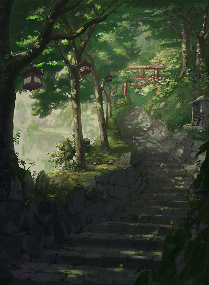 commentary_request, dappled_sunlight, day, forest, lantern, nature, no_humans, original, outdoors, portcat_(deronenene), scenery, stairs, stone, sunlight, torii