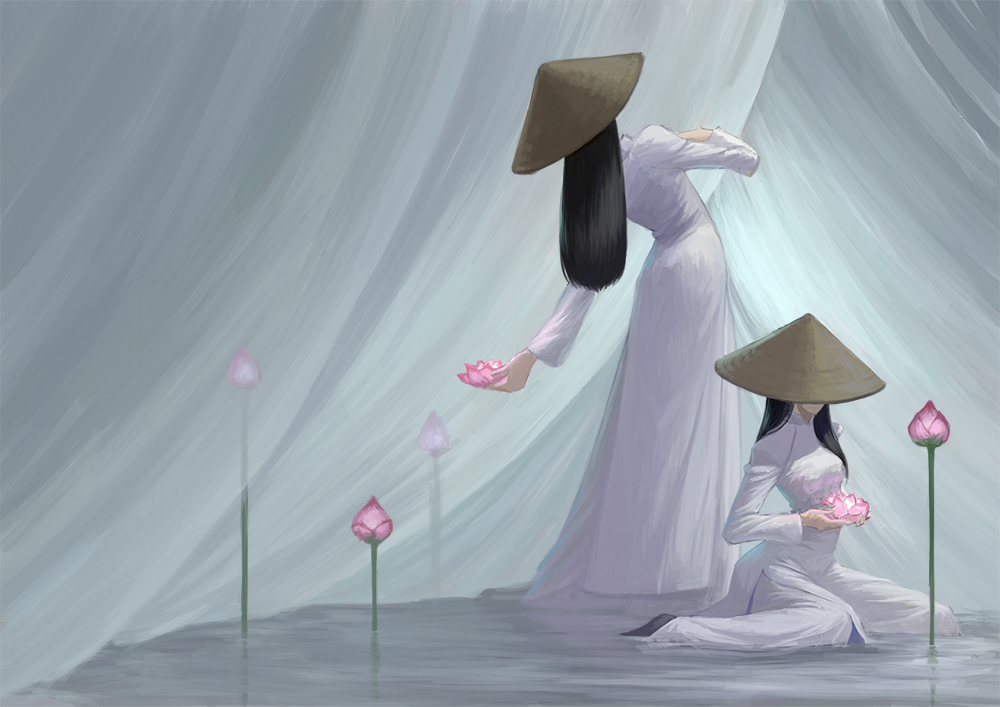 2girls, black_hair, commentary_request, covered_face, curtains, dress, flower, hat, holding, holding_flower, long_dress, long_hair, long_sleeves, lotus, multiple_girls, original, portcat_(deronenene), sitting, standing, vietnamese_dress, wading, water, white_dress