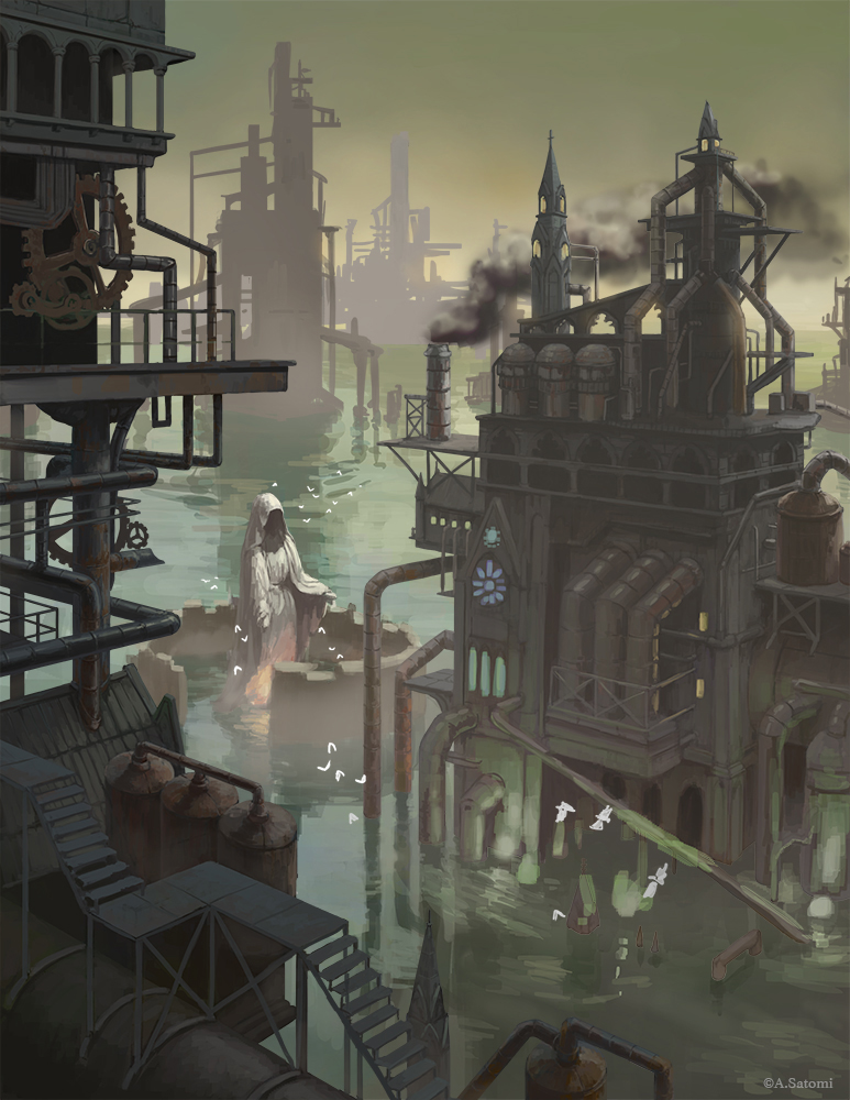 bird, commentary_request, factory, flood, gears, no_humans, original, outdoors