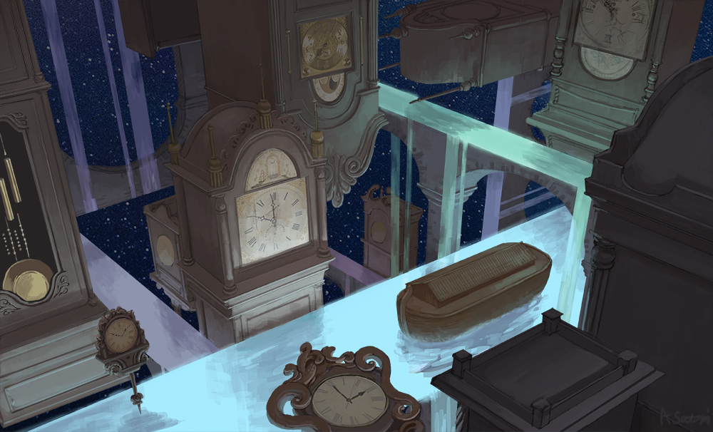 blue_sky, clock, commentary, fantasy, grandfather_clock, no_humans, noah's_ark, original