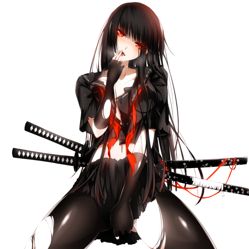 1girl, belly_peek, between_legs, black_gloves, black_hair, black_legwear, black_serafuku, black_skirt