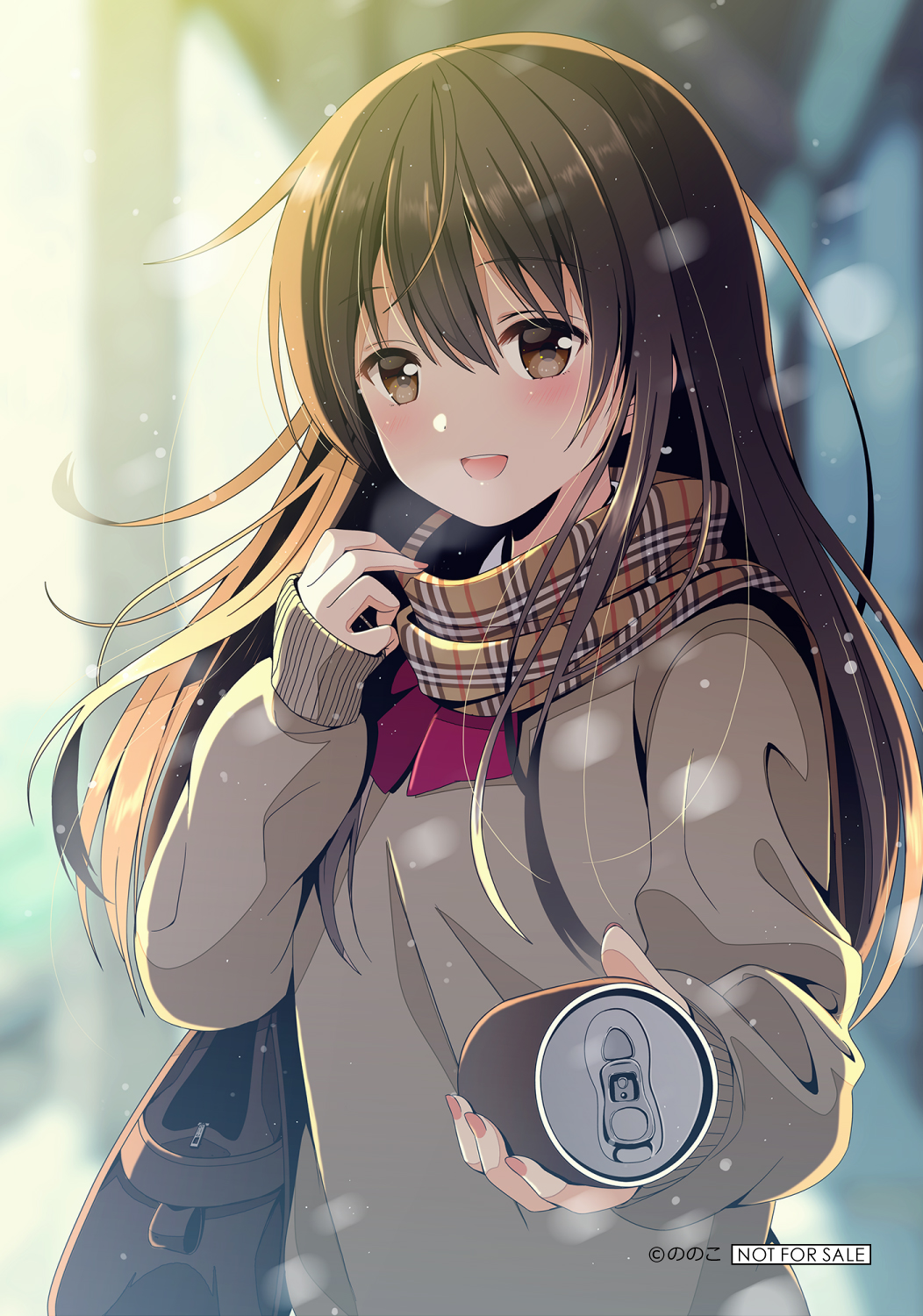 1girl, :d, artist_name, bag, bangs, blurry, blush, brown_eyes