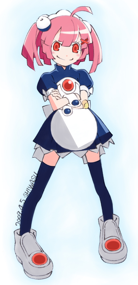 bad_id, child, crossed_arms, filn, maid, pink_hair, red_eyes, shiwasu_takashi, short_hair, smirk, thigh-highs, thighhighs
