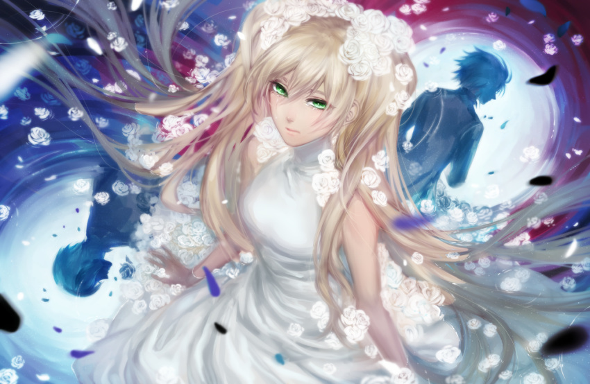 1boy, 1girl, avodkabottle, bare_shoulders, black_(kekkai_sensen), blonde_hair, bracelet, brother_and_sister