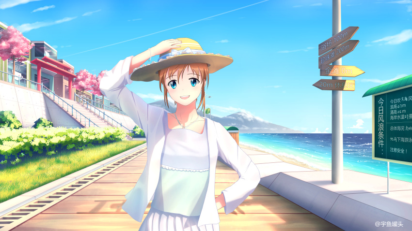 1girl, :d, absurdres, blue_eyes, blue_sky, bow, building, bush