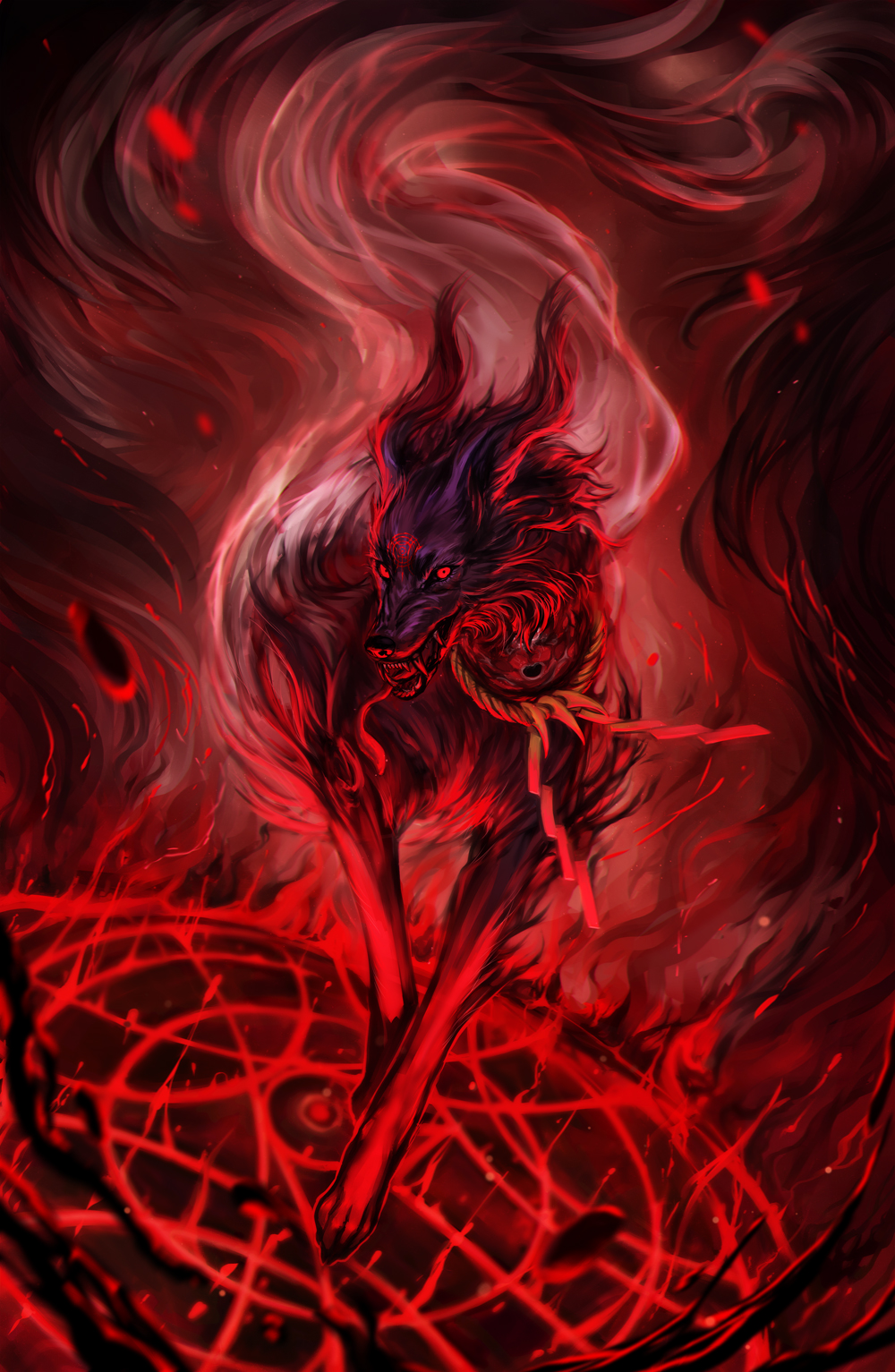 avodkabottle, blood, commentary, decapitated, demon, disembodied_head, dog, fangs