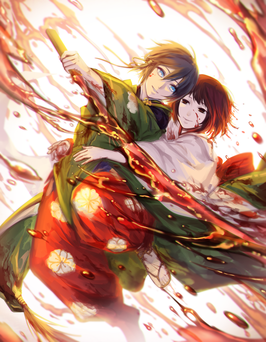 1boy, 1girl, avodkabottle, bangs, black_hair, blood, blood_on_face, blood_splatter
