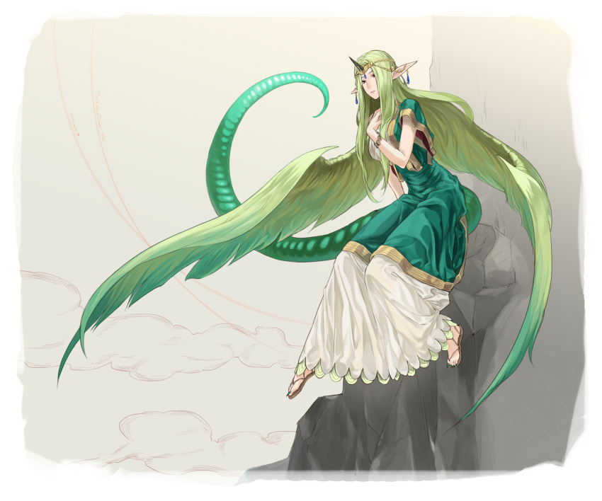 1girl, bracelet, clouds, dragon_tail, dress, fire_emblem, fire_emblem_echoes:_mou_hitori_no_eiyuuou, futabaaf, green_hair, hair_ornament, highres, horn, jewelry, long_hair, mila_(fire_emblem), pointy_ears, rock, sandals, sitting, sky, solo, tail, very_long_hair