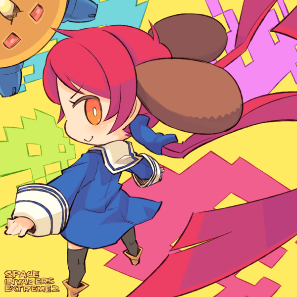 mota, orange_eyes, pink_hair, solo, space_invaders, space_invaders_extreme_2, twintails, ufo-co