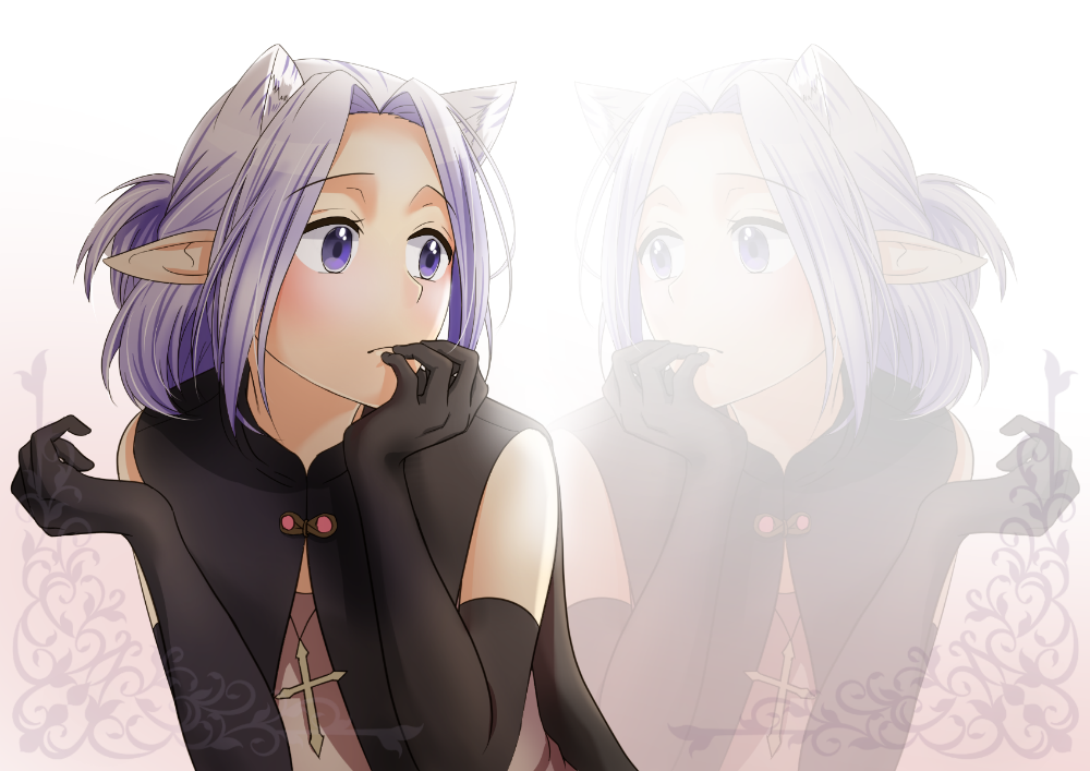 1girl, black_gloves, cross, elbow_gloves, gloves, hand_to_own_mouth, lilac_(netojuu_no_susume), netojuu_no_susume, pointy_ears, purple_hair, short_hair, solo, symmetry, tancoarc, upper_body, violet_eyes