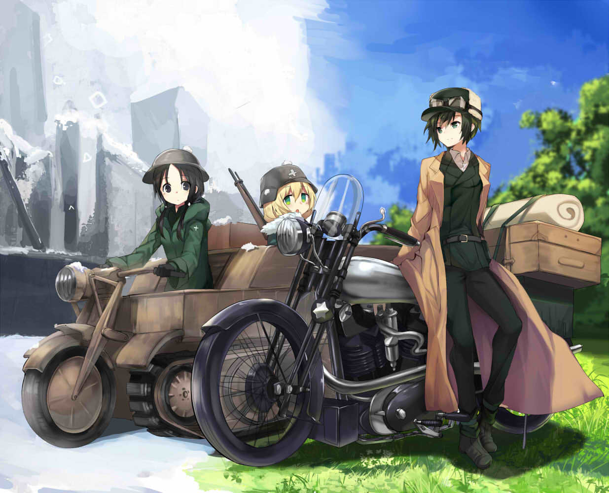 3girls, belt, black_eyes, black_gloves, black_hair, blonde_hair, blush, chito_(shoujo_shuumatsu_ryokou)