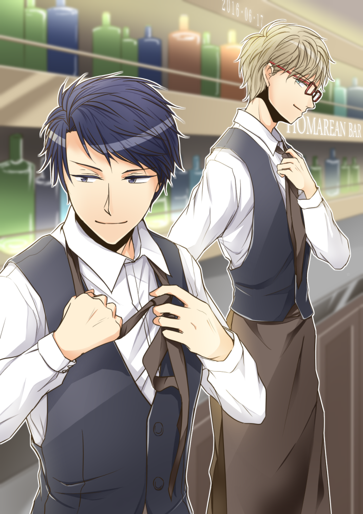 2boys, apron, black_eyes, black_hair, brown_neckwear, brown_pants, dated, green_eyes, homare_koiwai, indoors, male_focus, multiple_boys, necktie, netojuu_no_susume, pants, sakurai_yuuta, side_glance, standing, tancoarc, uniform, vest