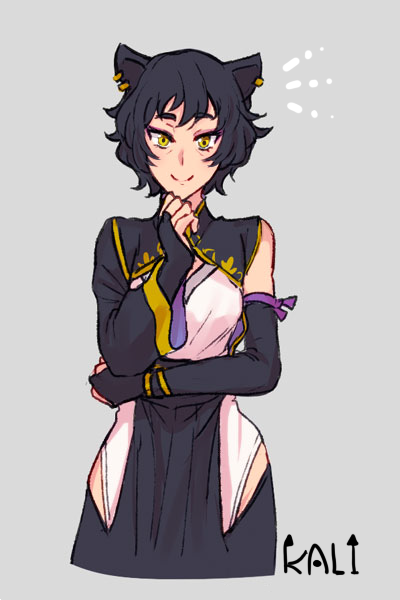 1girl, animal_ears, asymmetrical_sleeves, black_hair, cat_ears, chuu, eyebrows_visible_through_hair, kali_belladonna, mature, milf, rwby, short_hair, smile, yellow_eyes