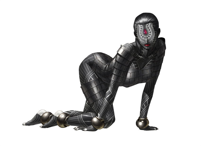 1girl, absurdres, all_fours, anklet, armor, barefoot, black_hair, black_nails, black_skin, bracelet, forehead_jewel, full_body, full_body_tattoo, highres, jewelry, kazuma_kaneko, lipstick, makeup, maya_(shin_megami_tensei), nail_polish, no_eyes, official_art, shin_megami_tensei, shin_megami_tensei:_strange_journey, solo, tattoo, toeless_legwear, toes, white_background