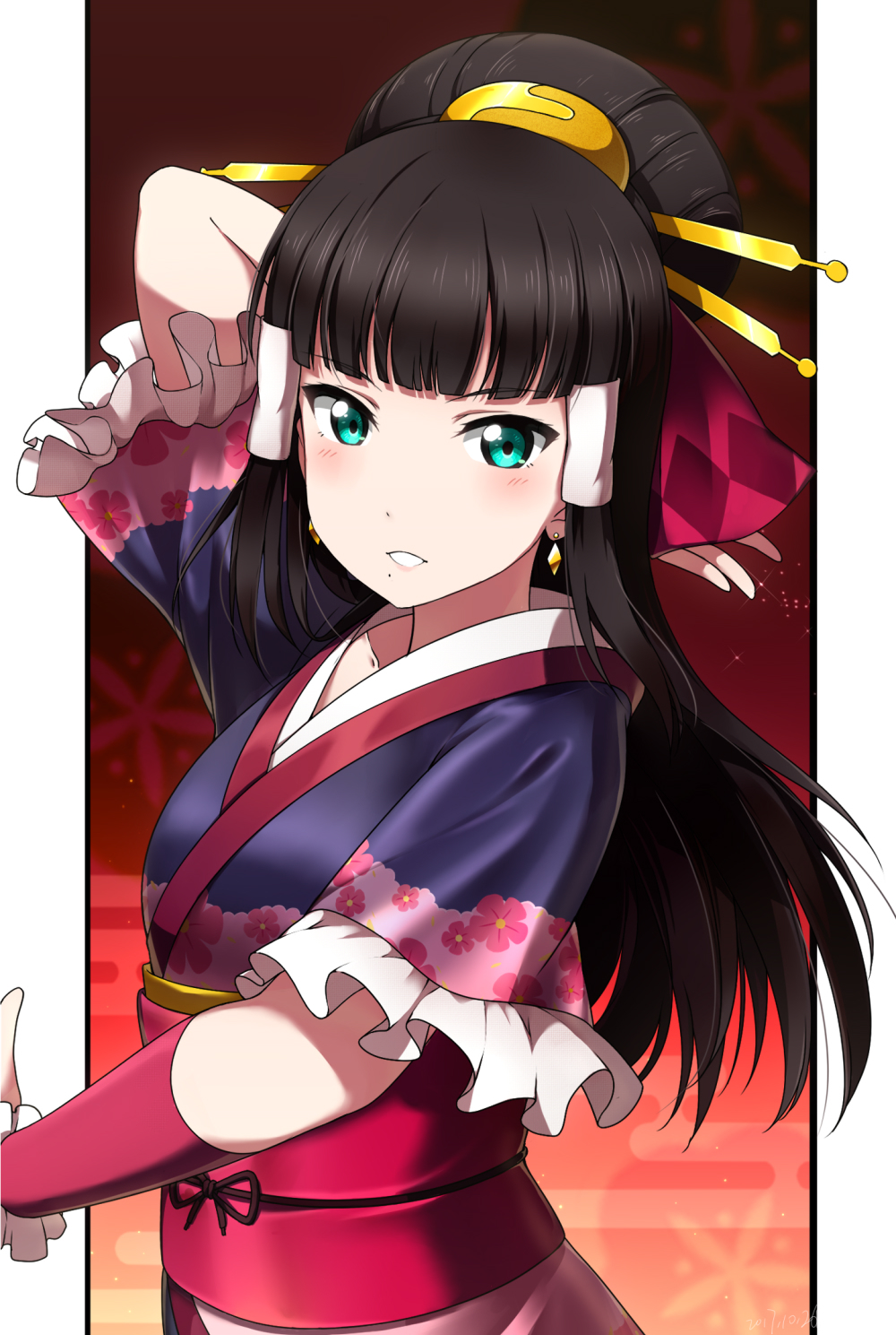 1girl, bangs, black_hair, blush, green_eyes, hair_ornament, highres, japanese_clothes