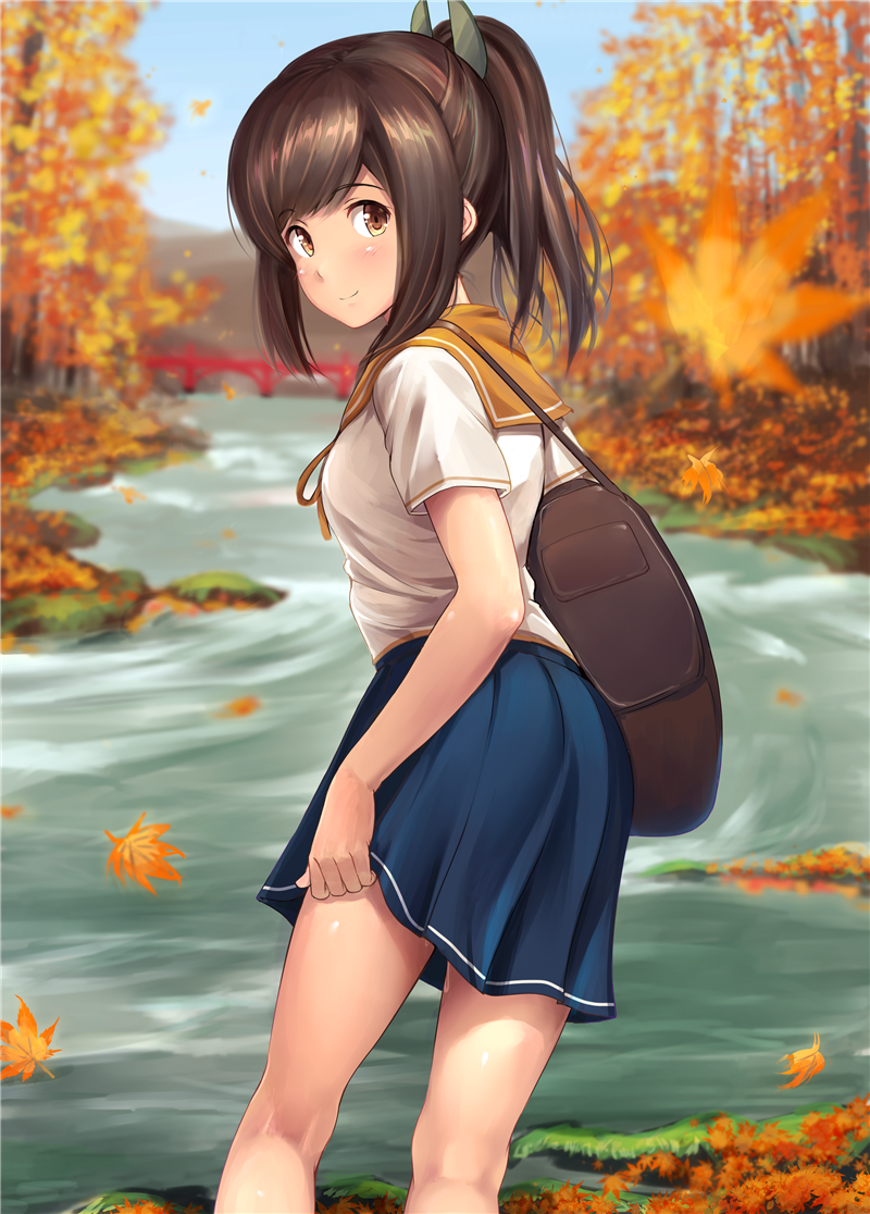 1girl, alternate_costume, bag, blue_skirt, brown_eyes, brown_hair, i-401_(kantai_collection), ichikawa_feesu