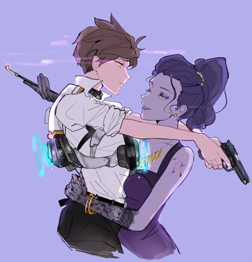 2girls, bjmaki, brown_hair, gloves, gun, handgun, highres, lace