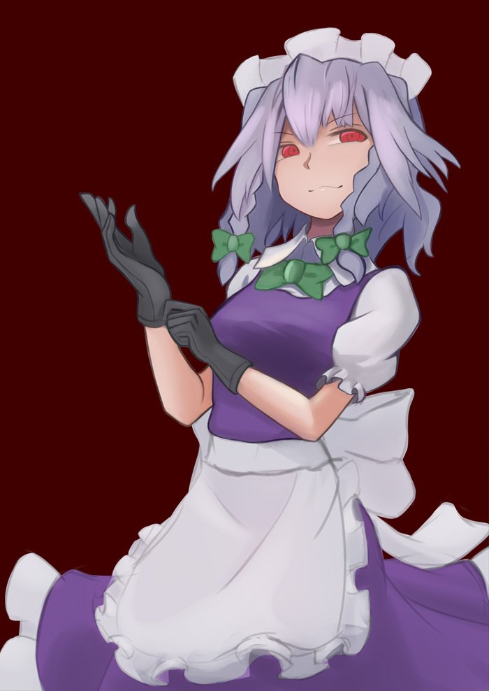 1girl, apron, black_gloves, bow, braid, frilled_apron, frills, gloves, green_bow, hair_bow, hitsune, izayoi_sakuya, maid_apron, maid_headdress, puffy_short_sleeves, puffy_sleeves, red_background, red_eyes, short_sleeves, silver_hair, smile, touhou, twin_braids