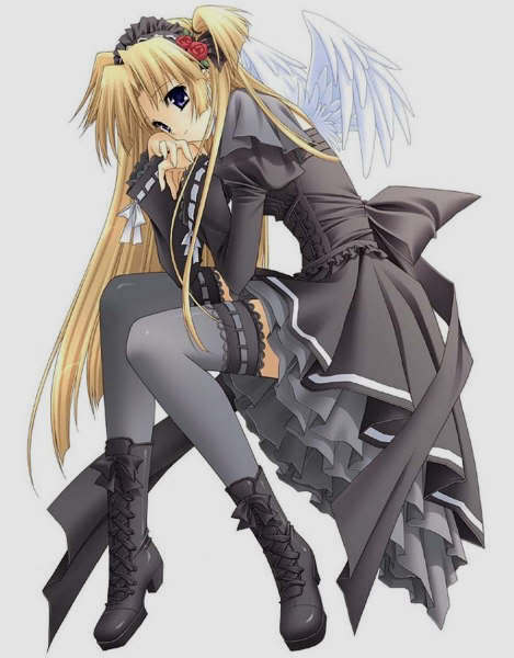 angel, black_dress, blonde_hair, long_hair, lying, monochrome_(game), rose, stocking