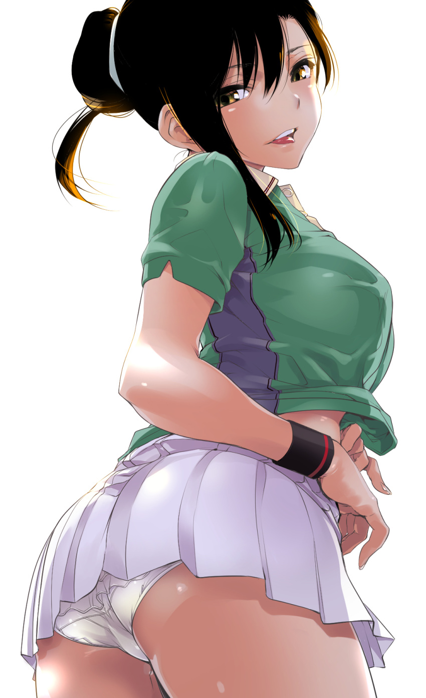 1girl, ass, asymmetrical_hair, bangs, blush, brown_eyes, brown_hair, crop_top