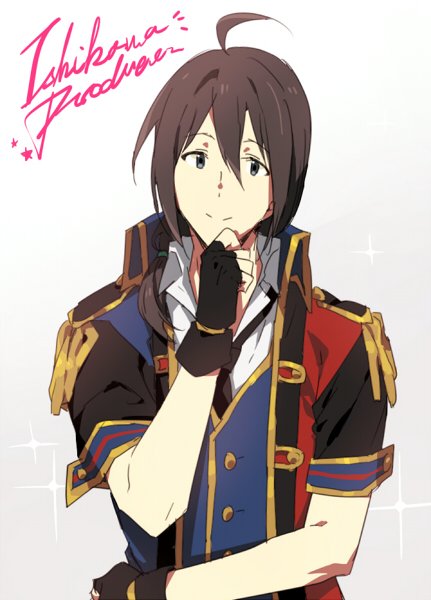 1boy, ahoge, black_eyes, black_gloves, black_hair, catgirl0926, character_name, epaulettes