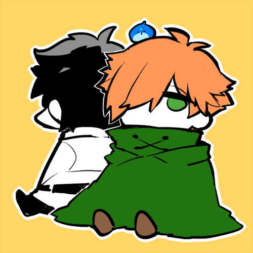 2boys, archer_(fate/extra), back-to-back, belt, bird, black_hair, chibi, cloak, fate/grand_order, fate_(series), fujimaru_ritsuka_(male), green_eyes, hair_over_one_eye, lowres, male_focus, multiple_boys, outline, robin_(animal), sitting, uniform, white_outline