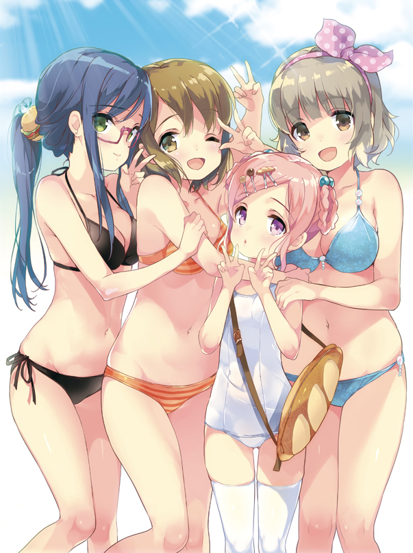 4girls, ;d, aizawa_yuu_(pan_de_peace!), bangs, bikini, black_bikini, blue_bikini, blue_hair