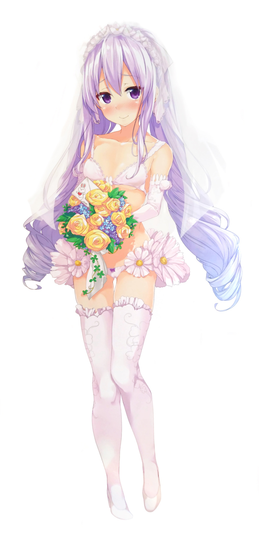 1girl, absurdres, blush, bouquet, bra, breasts, bridal_veil, closed_mouth