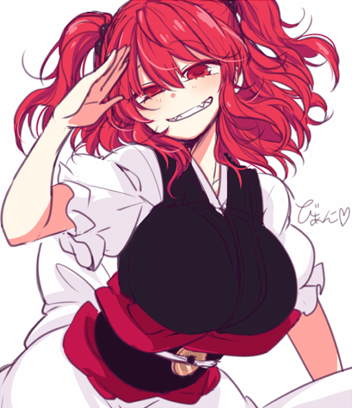 1girl, bianco_(mapolo), blush, breasts, grin, japanese_clothes, kimono, kimono_skirt