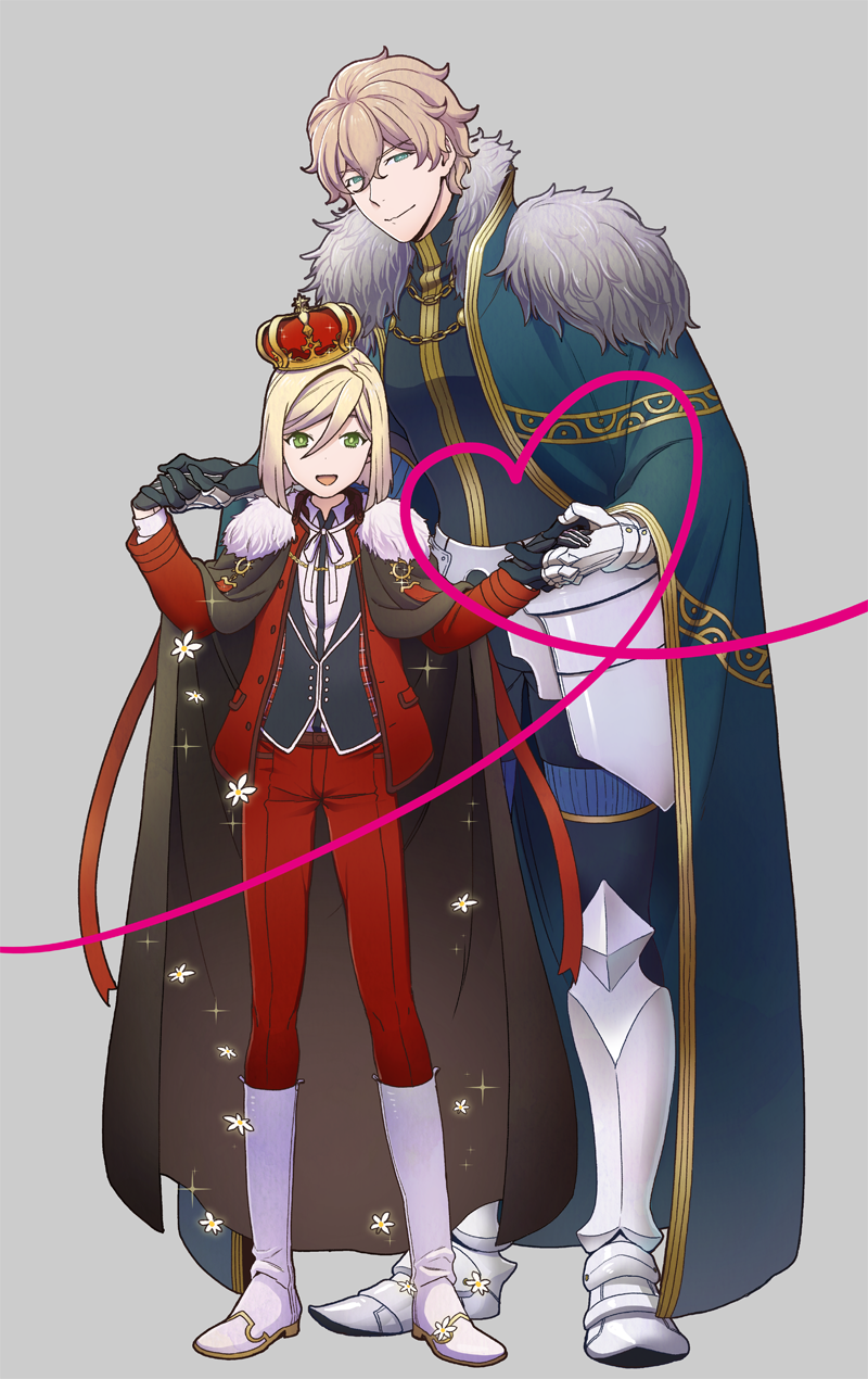 2boys, black_gloves, blonde_hair, blue_eyes, cape, crown, fate/extra, fate_(series)