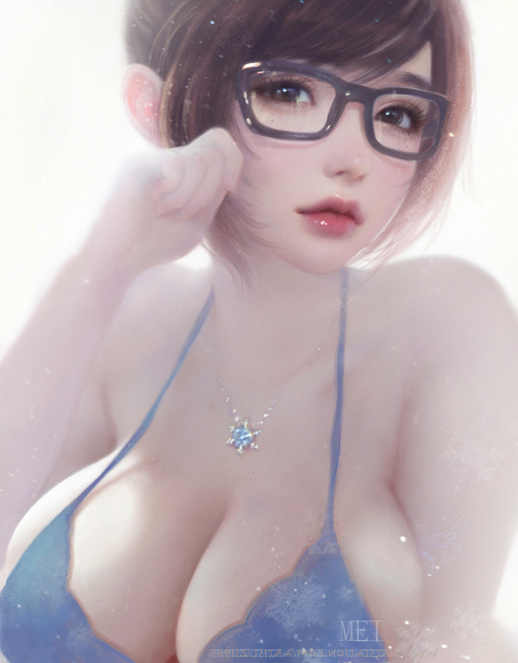 1girl, bikini, black-framed_eyewear, blue_bikini, breasts, brown_eyes, brown_hair, cleavage