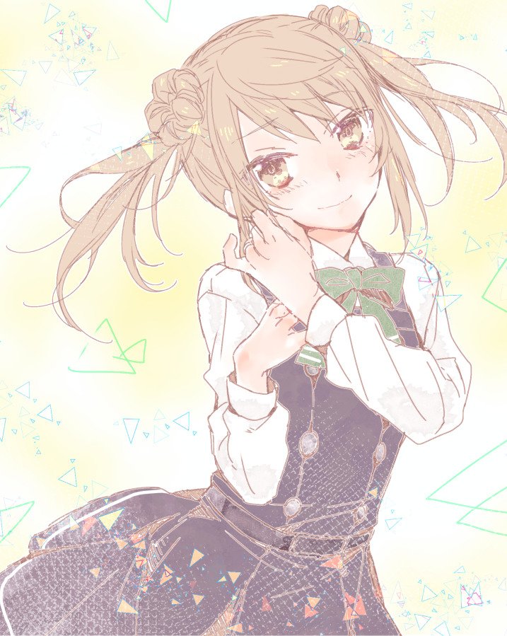 belt, blush, brown_eyes, brown_hair, buttons, closed_mouth, collared_shirt, double_bun