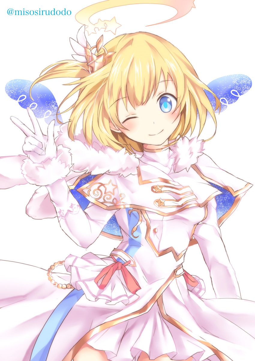 1girl, ;), absurdres, blonde_hair, blue_eyes, bob_cut, capelet, dress, fur_trim, gloves, hair_ornament, halo, highres, index_finger_raised, looking_at_viewer, maaru_(shironeko_project), misosirudodo, one_eye_closed, one_side_up, shironeko_project, skirt, smile, solo, star, star_hair_ornament, white_dress, white_gloves, white_skirt, wings