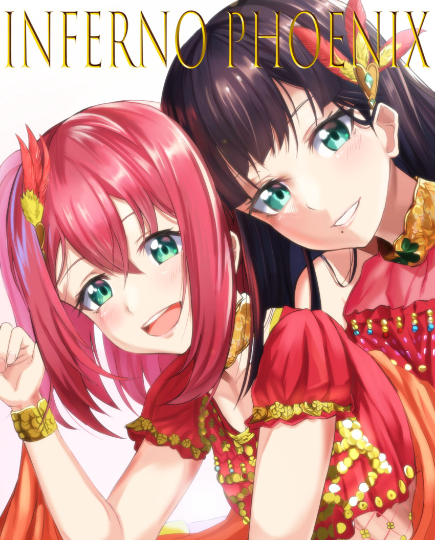 2girls, absurdres, aqua_eyes, black_hair, commentary_request, hair_ornament, highres, inferno_phoenix